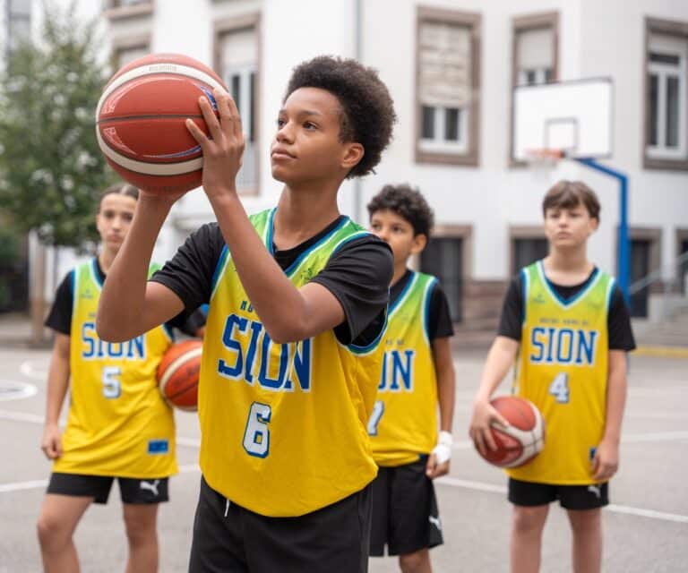 Des élèves en maillot du collège jouent au basket dans la cour.